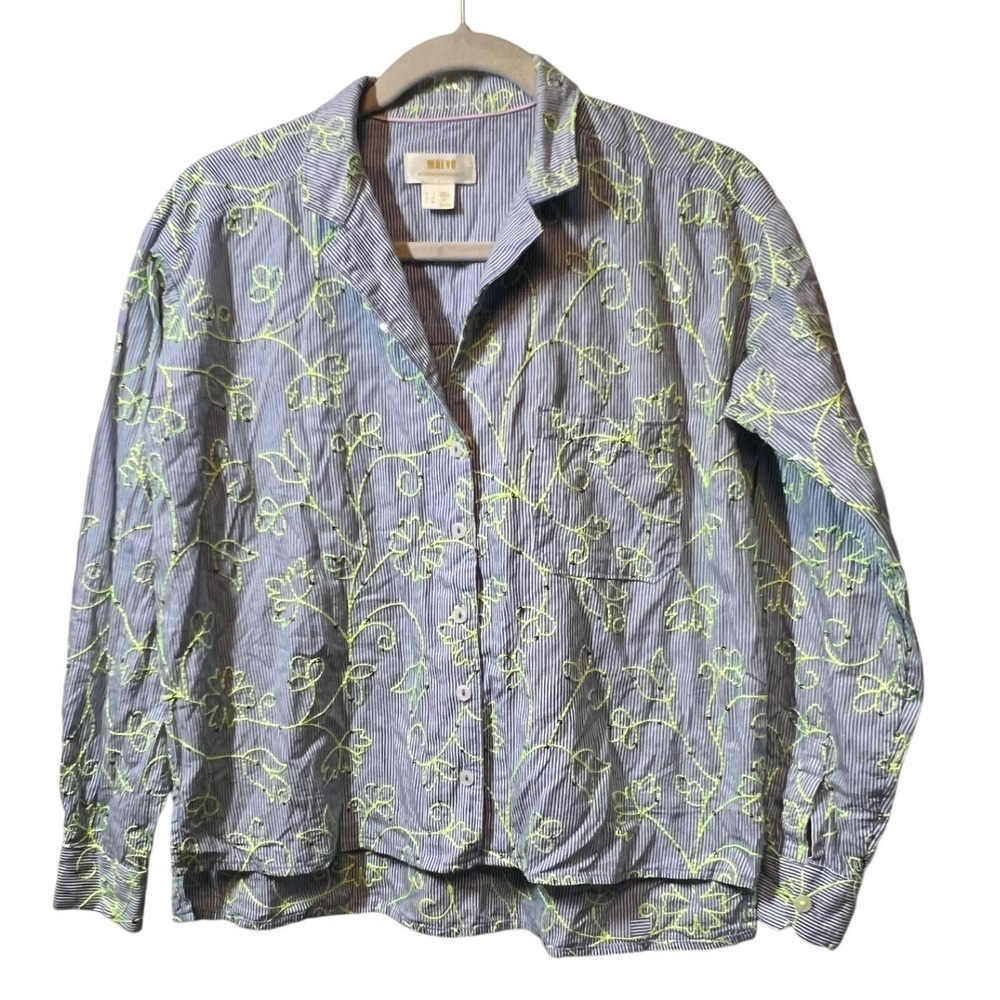 Maeve‎ Anthropologie Embroidered Striped Button Down Shirt Sz 00
